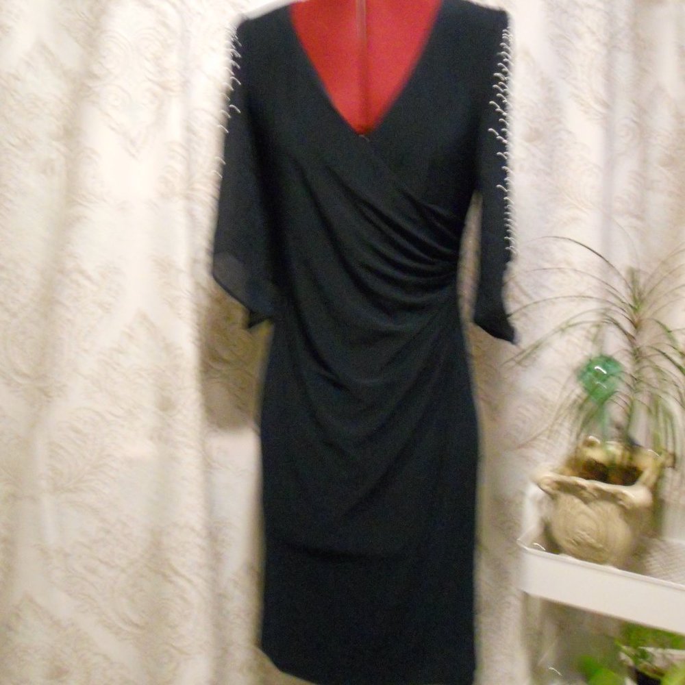 MSK Petite PS Navy Blue Dress Front Drape Pearl Studded Split Sleeves